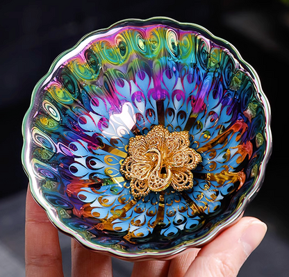 Seven-color Gold-Inlaid Peacock Jianzhan Ceramic Tea Cup