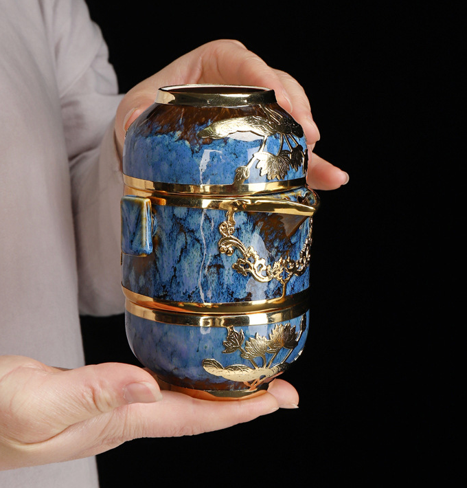 'Gold and Jade' Hand-Inlaid Fun Porcelain Tea Cups and Teapots