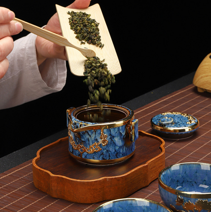 'Gold and Jade' Hand-Inlaid Fun Porcelain Tea Cups and Teapots