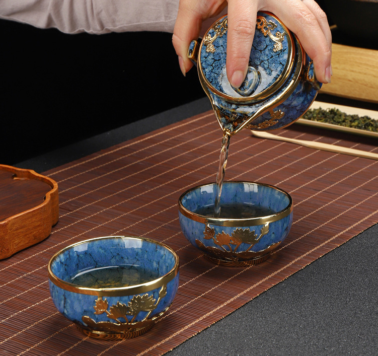 'Gold and Jade' Hand-Inlaid Fun Porcelain Tea Cups and Teapots