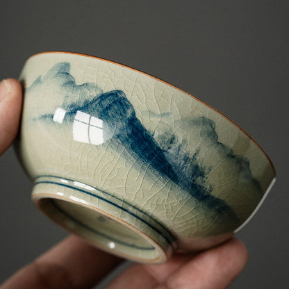 Hand-painted 'Jiangshan' blue and white wood kiln old clay Pu'er cup