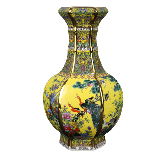 A Qianlong Hexagonal Vase with Gilt and Enamel Paintings of Flowers and Birds