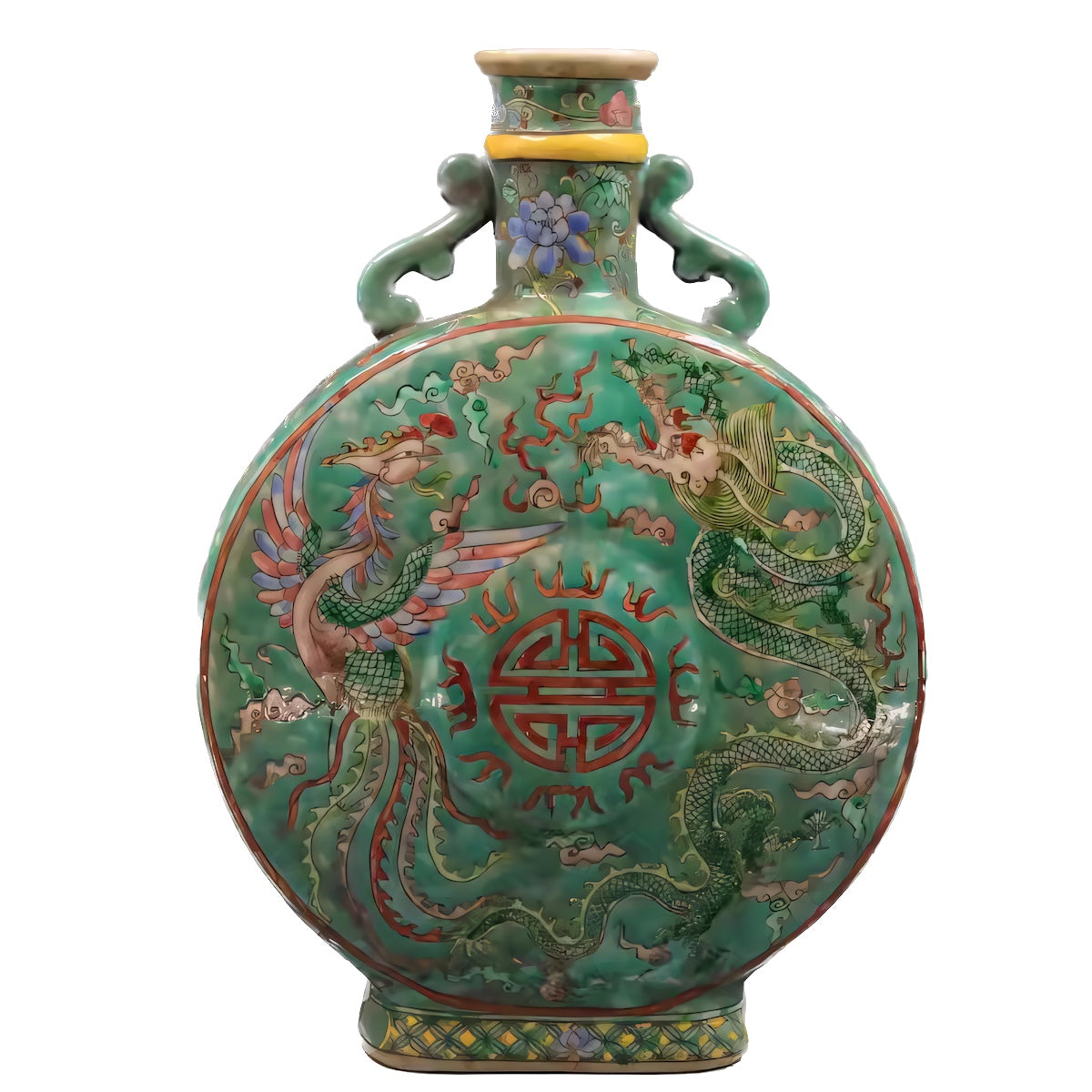 A Qing Dynasty Green Land Pastel Dragon And Phoenix Holding Moon Vase