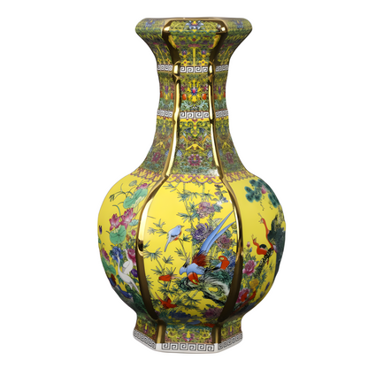 A Qianlong Hexagonal Vase with Gilt and Enamel Paintings of Flowers and Birds