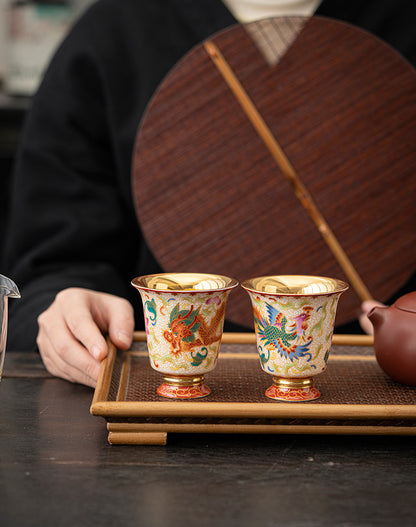 Cloisonné Enamel Dragon And Phoenix Pair Cup 24k Gilt