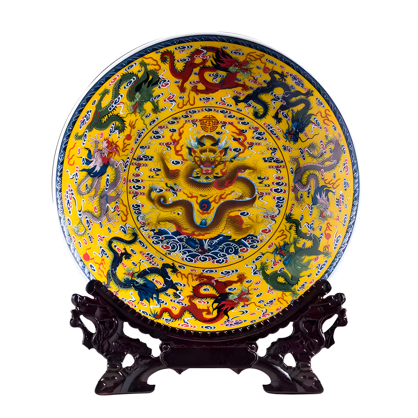 A Vibrant Enamel 'Nine Dragon' Porcelain Plate