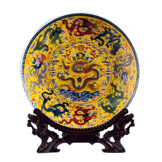 A Vibrant Enamel 'Nine Dragon' Porcelain Plate